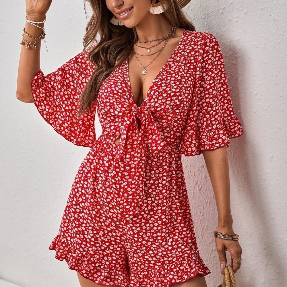 Red Boho Womens Ditsy Floral Tie Front Ruffle Hem Romper - Picture 5 of 5